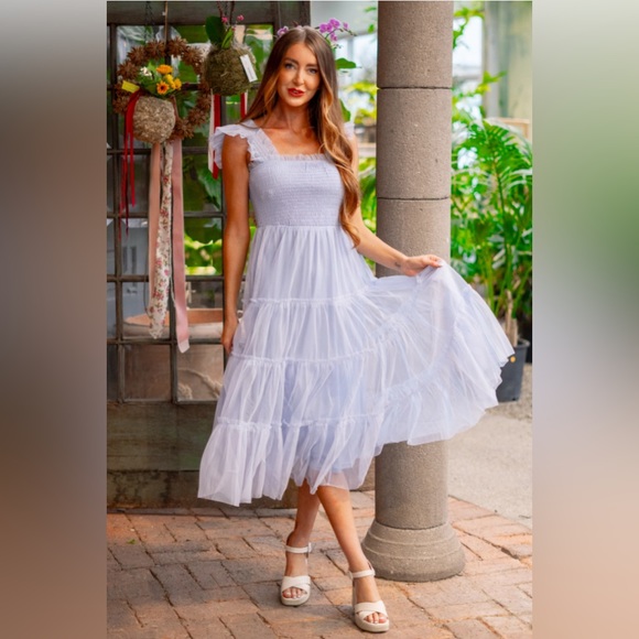 NWT Listicle Smocked Ruffle Tiered Mesh Midi Maxi Dress Size Large Retail $74 - Picture 12 of 16